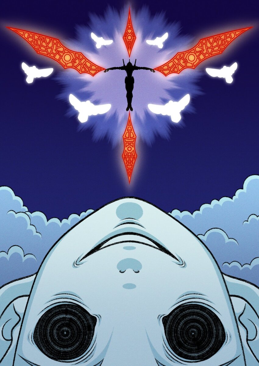 1girl ayanami_rei bird black_eyes cloud colored_skin crazy_eyes cryptidhermit dove eva_01 floating glowing grin highres lilith_(evangelion) mecha neon_genesis_evangelion nostrils outstretched_arms ringed_eyes robot smile spread_arms the_end_of_evangelion white_skin