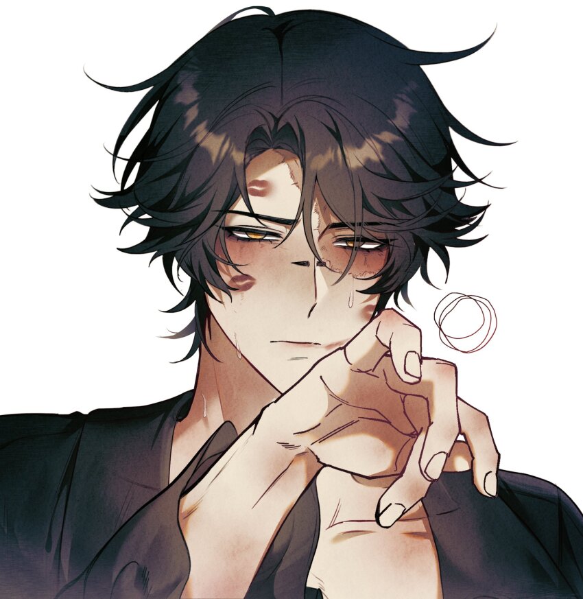 1boy black_hair black_shirt blush bridge_piercing burn_scar cactus_thron collarbone hand_on_own_face highres identity_v korean_commentary lipstick_mark lipstick_mark_on_face long_sleeves looking_at_viewer male_focus norton_campbell norton_campbell_(the_black_tulip) open_clothes open_shirt piercing scar scar_on_face shirt short_hair solo squiggle sweat upper_body white_background yellow_eyes