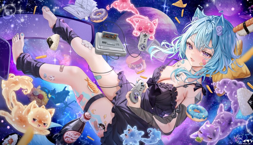 1girl absurdres animal_ear_fluff animal_ears aqua_nails armpit_crease bandaid barefoot blue_hair blush bottle breasts burger cat chair cleavage commentary_request commission controller crossed_bangs donut dress ear_flower fingernails food full_body game_controller hair_between_eyes highres holding holding_controller holding_game_controller isari_sensei leg_warmers long_hair looking_at_viewer nail_polish open_mouth orange_cat original pink_cat purple_cat purple_dress purple_eyes soda_bottle solo star_(symbol) toenail_polish toenails windshield
