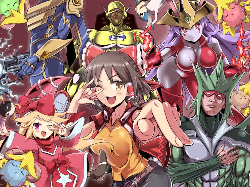 2boys 3girls animal_ears blonde_hair bow breasts brown_hair card_ejector character_request collarbone cookie_(touhou) cosplay elemental_hero_avian elemental_hero_burstinatrix elemental_hero_electrum elemental_hero_voltic enperuto_(yarumi) hair_bow hair_tubes hakurei_reimu hisui_(cookie) large_breasts long_hair looking_at_viewer multiple_boys multiple_girls neo-spacian_aqua_dolphin one_eye_closed pink_eyes purple_hair rabbit_ears red_bow red_eyes sananana_(cookie) scapegoat short_hair spark_blaster touhou v yellow_eyes yu-gi-oh! yu-gi-oh!_gx yuki_judai_(cosplay) yuki_judai