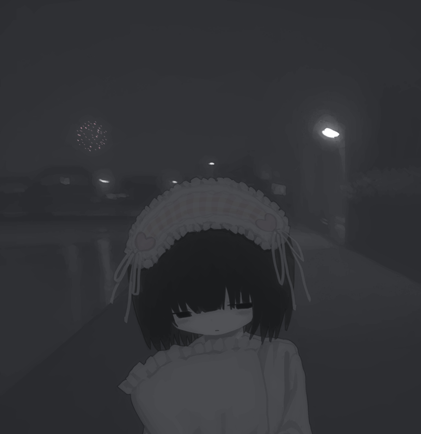 1girl black_eyes black_hair closed_mouth fireworks fog frilled_hairband frilled_pillow frills hairband highres holding holding_pillow lamppost looking_at_viewer night original outdoors pillow solo upper_body utututuna