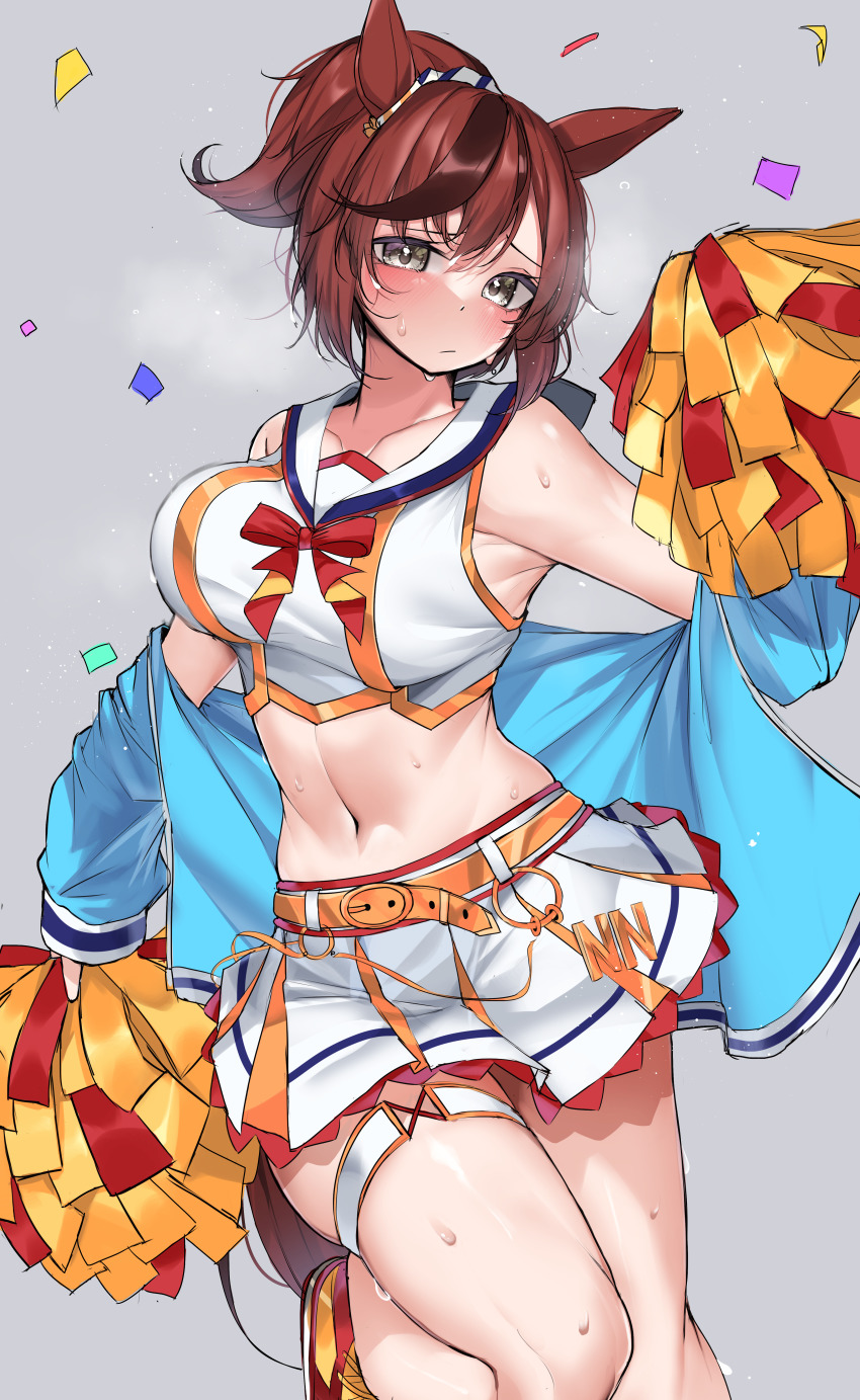 1girl absurdres animal_ears armpits belt blouse blue_jacket blush breasts cheerleader closed_mouth collarbone commentary_request confetti crop_top grey_background grey_eyes hair_between_eyes highres holding holding_pom_poms horse_ears horse_girl horse_tail jacket kshimu large_breasts looking_at_viewer navel nice_nature_(run&amp;win)_(umamusume) nice_nature_(umamusume) pom_pom_(cheerleading) pom_poms ponytail shirt sidelocks simple_background skirt solo standing tail thigh_strap thighhighs umamusume white_shirt white_skirt