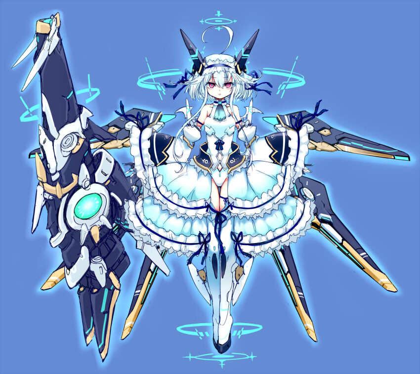1girl ajitarou_(setsu) blue_background breasts cannon emil_chronicle_online frilled_skirt frilled_sleeves frills highres horns huge_weapon leotard looking_at_viewer mecha_musume mechanical_horns mechanical_wings medium_breasts mitama_aria red_hair skirt standing straight-on weapon white_hair wings