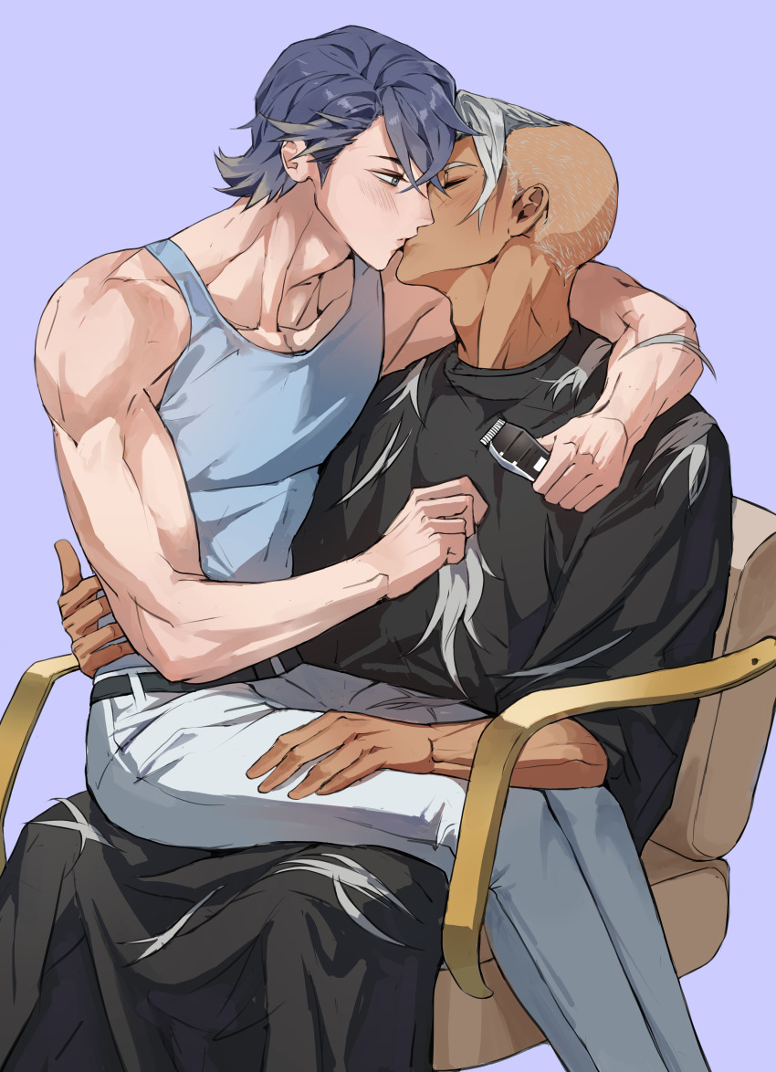 absurdres alfonse_(fire_emblem) black_cape blonde_streaks blue_hair bruno_(fire_emblem) cape commission commissioner_upload couple cutting_another&#039;s_hair cutting_hair dark_skin fire_emblem fire_emblem_heroes grey_hair highres holding holding_razor kiss nintendo nocnoc non-web_source pale_skin razor roleplay shaving short_hair sitting sitting_on_lap sitting_on_person strong toned toned_male yaoi