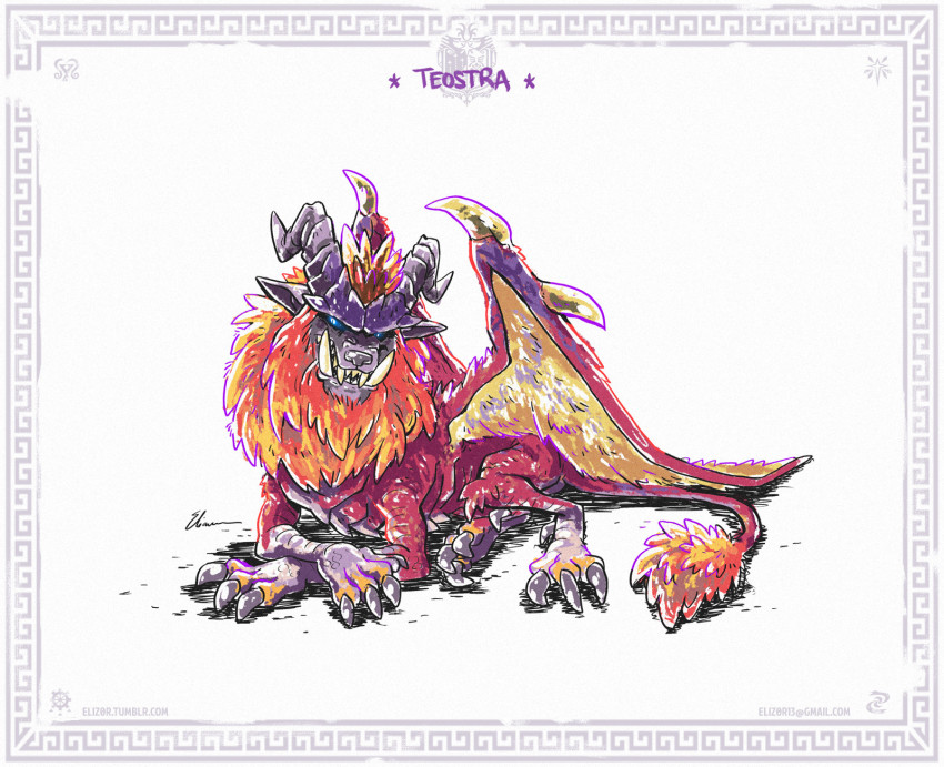 adventure ancient_dragon character_name colorful dragon elder_dragon eliz0r fire_dragon full_body highres manticore monster monster_hunter:_world monster_hunter_(series) rocket_launcher rpg_(weapon) simple_background solo teostra weapon white_background
