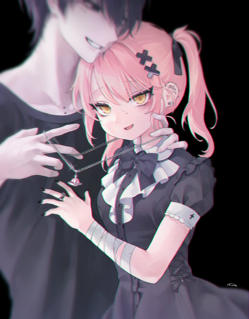 1boy 1girl 28mm absurdres bandaged_arm bandages barbell_piercing black_background black_dress black_hair black_nails black_shirt bow bowtie breasts couple dress ear_piercing earrings fnag hand_on_another&#039;s_chest highres industrial_piercing jewelry looking_at_another necklace original piercing pink_hair ring shirt small_breasts smile stud_earrings twintails upper_body yellow_eyes