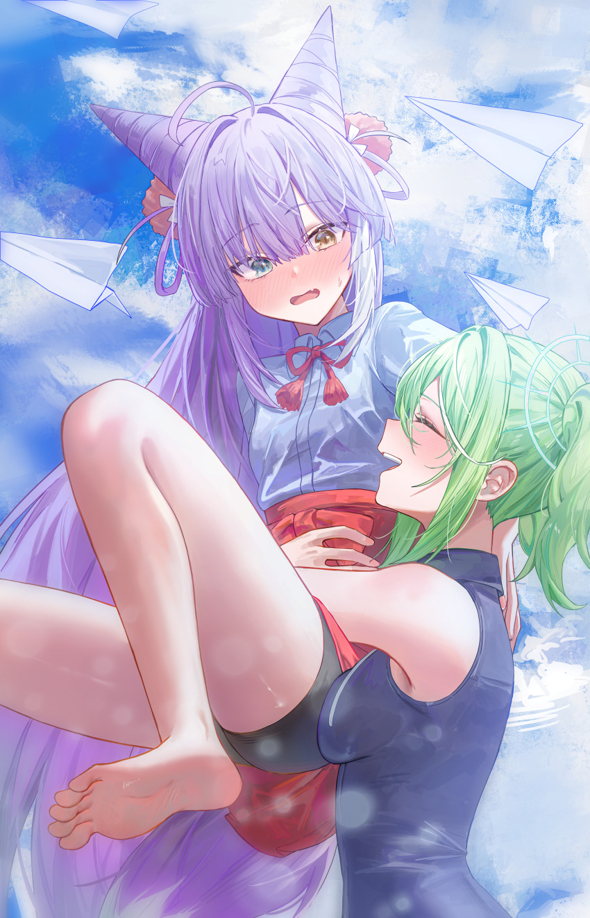 2girls absurdres ahoge barefoot bike_shorts black_shirt black_shorts blue_shirt blush breasts carrying carrying_person closed_eyes commentary cone_hair_bun fang green_hair hair_bun hair_rings heterochromia highres kaze_22 korean_commentary long_hair multiple_girls neck_ribbon nose_blush open_mouth purple_hair red_ribbon red_skirt ribbon shirt short_sleeves shorts skin_fang skirt sleeveless sleeveless_shirt small_breasts soles stellive tenko_shibuki toes twintails very_long_hair yuzuha_riko