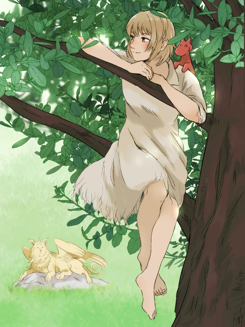1girl barefoot blonde_hair blush climbing_tree dress dungeon_meshi falin_touden falin_touden_(tallman) full_body grass highres leaf lion monster on_shoulder outdoors red_dragon_(dungeon_meshi) rock short_hair sitting sitting_on_branch sitting_on_rock smile spoilers tama_._kogifu torn_clothes torn_dress tree winged_lion_(dungeon_meshi) wings yellow_eyes