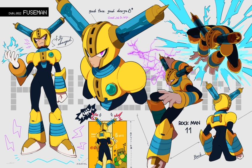 2boys android arm_guards armor arrow_(symbol) black_bodysuit block_man bodysuit boots breastplate character_name chest_armor chest_jewel cigarette clenched_hand closed_mouth commentary copyright_name dotted_line electricity english_text expressionless fighting_stance from_behind frown full_body fuse_man gloves grey_background hand_on_own_face hand_up hands_on_ground head_down helmet highres humanoid_robot knee_boots laughing lightning_bolt_symbol looking_down mega_man_(classic) mega_man_(series) mega_man_11 multiple_boys multiple_views no_smoking no_symbol notice_lines purple_eyes robot sanpaku serious seto_(asils) shade shadow sign simple_background solid_oval_eyes spikes spread_legs standing text_background tiles translation_request tube turning_head upper_body waving white_footwear white_gloves yellow_armor yellow_helmet ||/