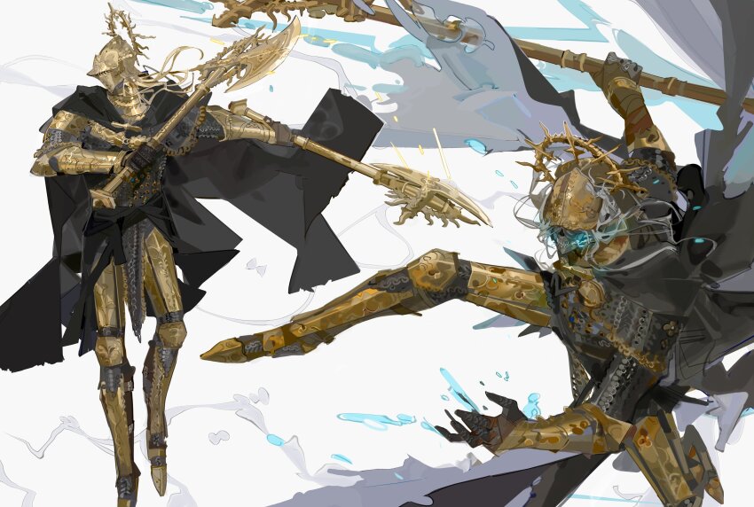 2boys absurdres armor axe battle_axe black_cape blonde_hair cape death_knight_(elden_ring) dual_wielding elden_ring elden_ring:_shadow_of_the_erdtree full_armor gauntlets gold_armor greaves grey_hair helm helmet highres holding holding_axe holding_weapon knight long_hair mask multiple_boys multiple_views nslacka pauldrons plume shoulder_armor skull_mask weapon