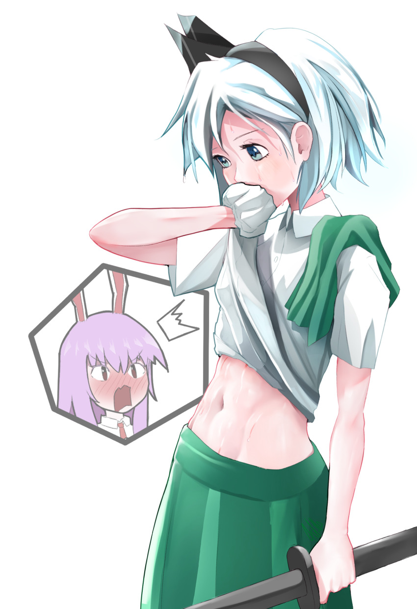 4rdilla abs absurdres animal_ears black_bow black_bowtie blue_eyes blush bow bowtie collared_shirt copyright_request exposed_muscle green_skirt highres holding holding_sword holding_weapon konpaku_youmu muscular muscular_female navel necktie purple_hair rabbit_ears reisen_udongein_inaba shirt skirt sweat sword weapon white_hair white_shirt