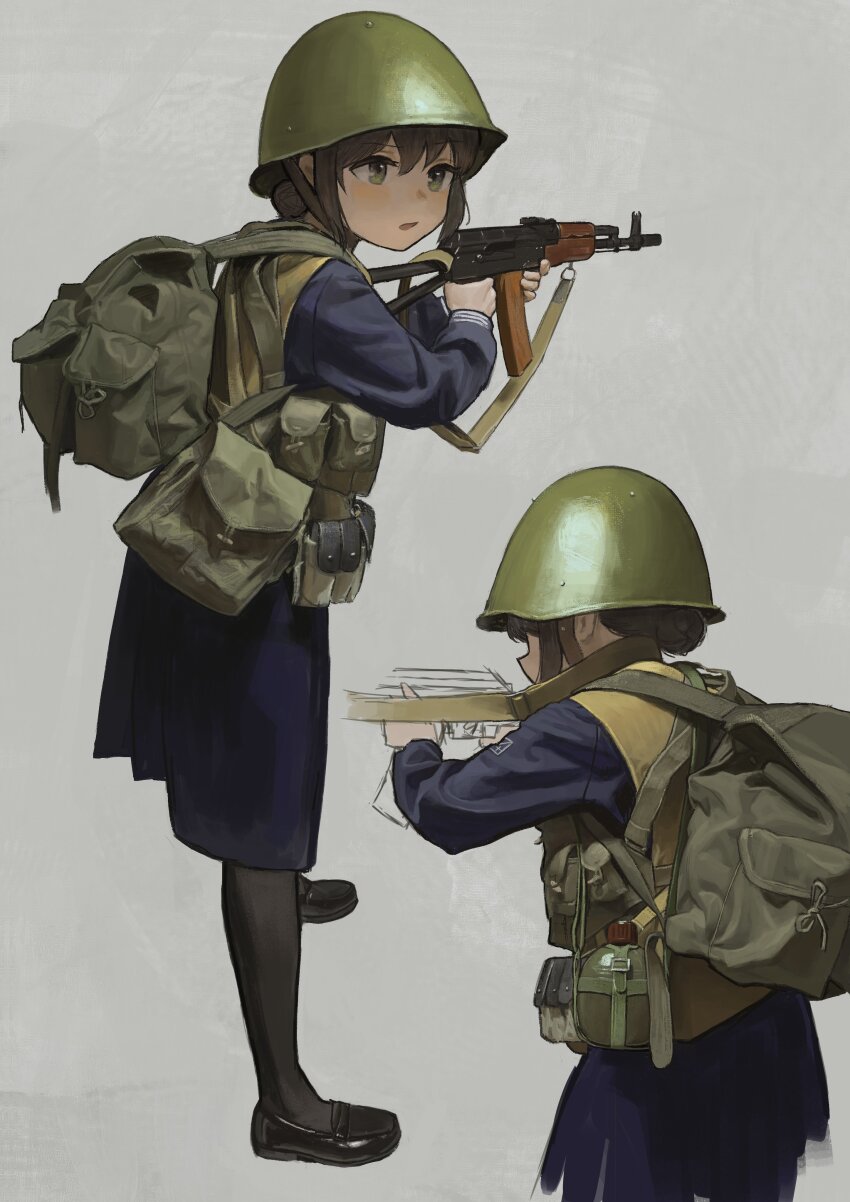 1girl absurdres ak-74 aks-74 assault_rifle backpack bag black_footwear blue_jacket blue_serafuku blue_skirt brown_eyes brown_hair canteen chest_rig combat_helmet garoppui green_bag green_eyes green_headwear grey_background gun hair_bun helmet highres holding holding_gun holding_weapon jacket kalashnikov_rifle load_bearing_vest loafers looking_to_the_side looking_up multiple_views open_mouth original pantyhose rifle school_uniform serafuku shoes short_hair skirt tactical_clothes weapon