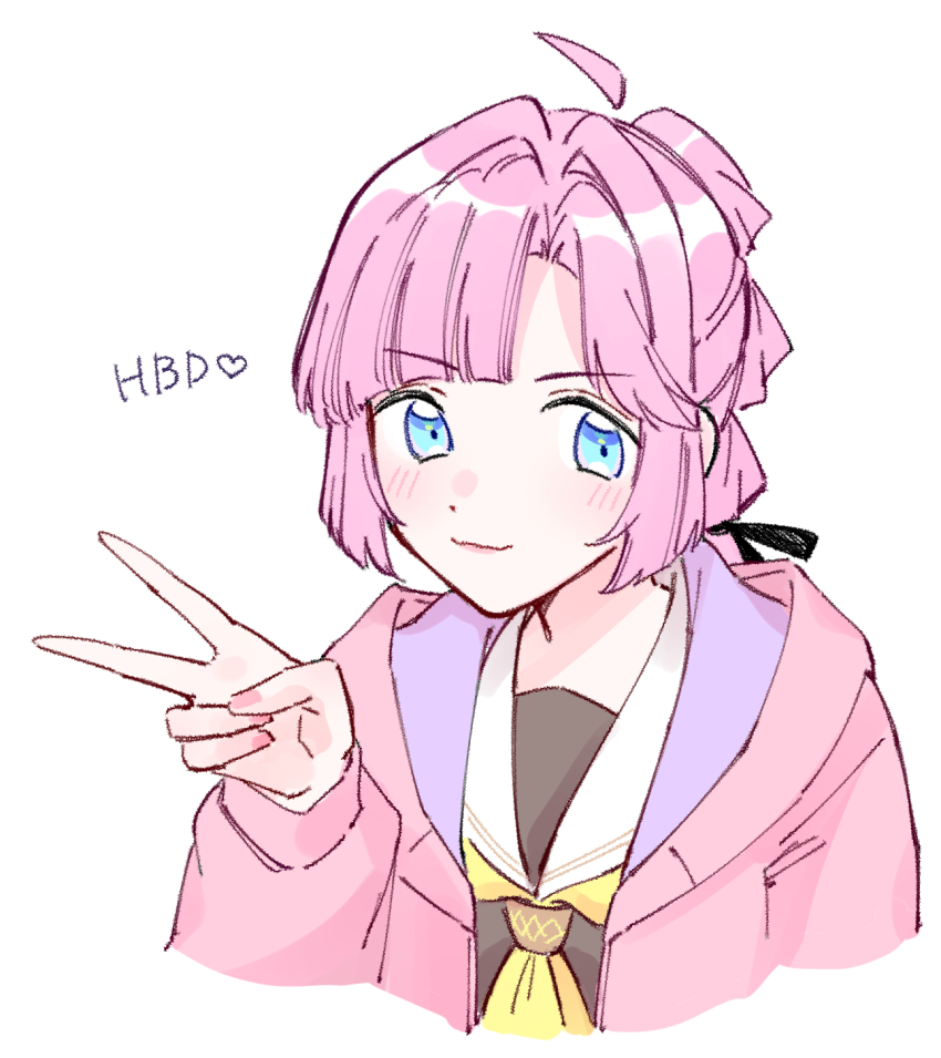 1girl ahoge anyoji_hime black_ribbon blue_eyes brown_dress commentary curtained_hair detached_ahoge dress hair_intakes hair_ribbon happy_birthday hashtag-only_commentary hasu_no_sora_school_uniform heart highres hood hooded_jacket jacket link!_like!_love_live! long_hair long_sleeves looking_at_viewer love_live! multi-tied_hair neckerchief open_clothes open_jacket pink_hair pink_jacket ponytail ribbon sailor_collar sailor_dress school_uniform sidelocks solo spoken_heart v virtual_youtuber white_background white_sailor_collar winter_uniform yellow_neckerchief zangemiya