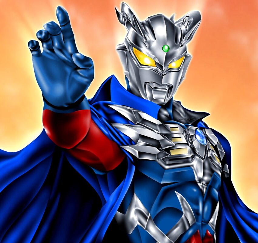 1boy abs alien armor blue_cape blue_skin breastplate bright_pupils cape collarbone color_timer colored_skin commentary curled_fingers eye_slugger forehead_jewel gem glowing glowing_eyes green_gemstone hanejidyna86 highres looking_at_viewer male_focus multicolored_skin muscular muscular_male orange_sky outdoors outstretched_arm pectorals red_skin silver_skin sky solo standing sunset tokusatsu ultra_galaxy_(series) ultra_series ultraman_z_(series) ultraman_zero upper_body white_pupils wrinkled_skin