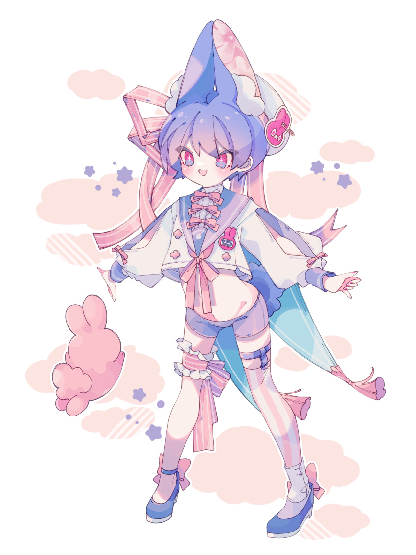 1boy absurdres animal_ear_fluff animal_ears commentary crop_top dated_commentary frilled_thigh_strap full_body groin hair_ribbon hat hat_ornament high_heels highres legwear_garter long_sleeves male_focus name_tag navel neck_ribbon original ozureiji pink_ribbon puffy_long_sleeves puffy_sleeves purple_sailor_collar purple_shoes purple_shorts rabbit rabbit_boy rabbit_ears rabbit_hat_ornament rabbit_tail ribbon sailor_collar sailor_shirt shirt shoes shorts single_thighhigh sleeve_slit solo symbol-only_commentary tail tassel thigh_strap thighhighs white_hat white_shirt white_thighhighs