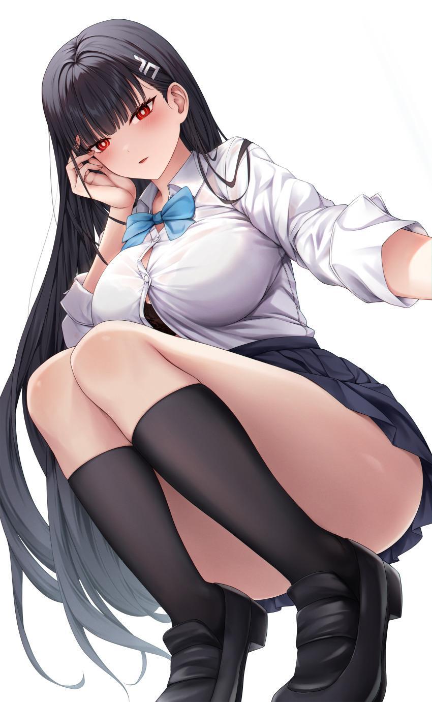 1girl absurdres black_hair black_shoes black_skirt black_socks blue_archive blue_bow blue_bowtie bow bowtie bra bra_peek breasts button_gap chien_zero collared_shirt hair_ornament hairclip highres legs long_hair looking_at_viewer miniskirt parted_lips red_eyes revision rio_(blue_archive) school_uniform shirt shoes simple_background skirt socks solo squatting thighs underwear very_long_hair white_background white_shirt