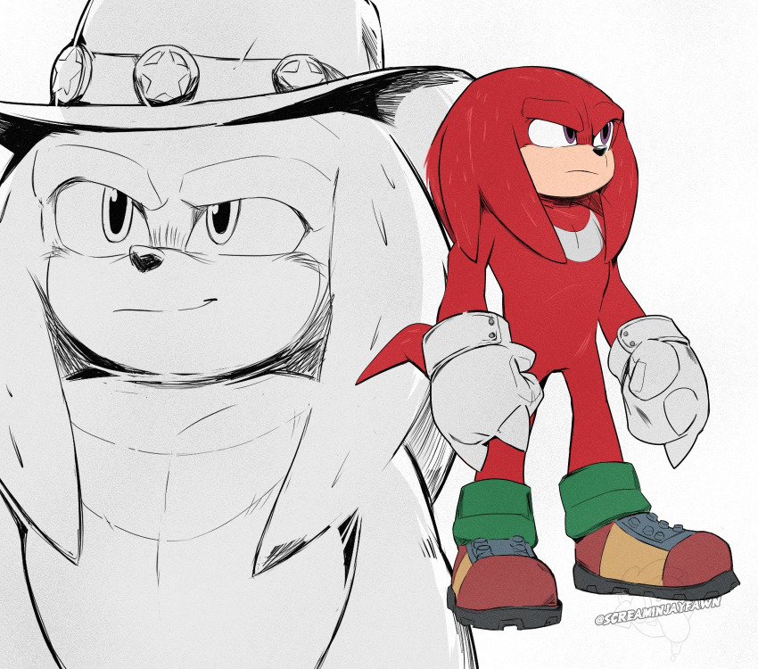 echidna furry gloves hat highres knuckles_the_echidna long_hair paramount_pictures purple_eyes red_fur red_hair screaminjafawn sega shoes smile sonic_(live_action) sonic_(series) sonic_the_hedgehog sonic_the_hedgehog_2_(film) sonic_the_hedgehog_3_(film) white_background