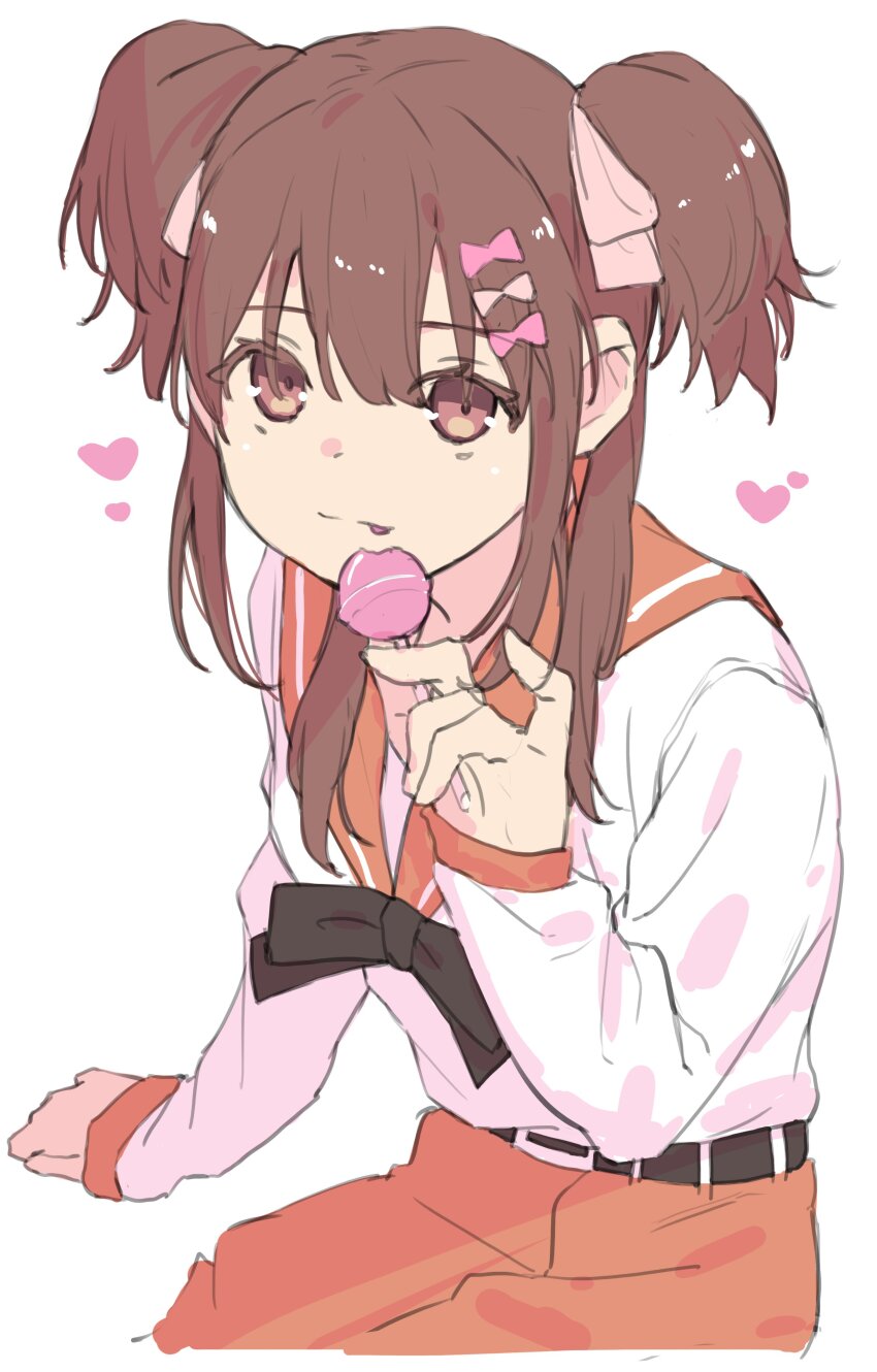 1girl 22/7 :p absurdres belt black_belt black_bow black_bowtie bow bowtie brown_eyes brown_hair candy food hair_bow hair_ornament heart highres holding holding_candy holding_food holding_lollipop lollipop long_hair long_sleeves looking_at_viewer orange_sailor_collar orange_skirt pink_bow sailor_collar school_uniform seiso_jk_18 sera_honoka serafuku shirt simple_background sitting skirt solo tongue tongue_out two_side_up white_background white_shirt