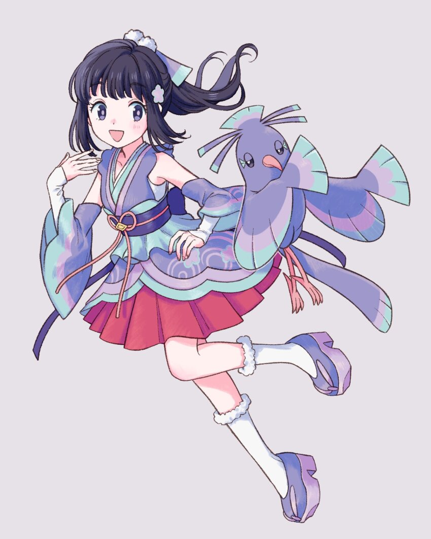 1girl :d black_hair blush bright_pupils commentary_request dawn_(new_year&#039;s_2023)_(pokemon) dawn_(pokemon) detached_sleeves floating_hair gen_7_pokemon grey_background grey_eyes hair_ribbon hand_on_own_hip hand_up high_heels highres japanese_clothes kimono komasawa_(fmn-ppp) long_hair nintendo official_alternate_costume open_mouth oricorio oricorio_(sensu) pleated_skirt pokemon pokemon_(creature) pokemon_masters_ex ponytail purple_footwear purple_kimono red_skirt ribbon sash skirt smile socks white_socks