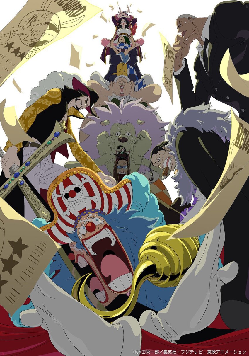 1girl 6+boys alvida_(one_piece) black_necktie blue_hair buggy_the_clown buzz_cut cabaji cigar commentary crocodile_(one_piece) daz_bones dracule_mihawk english_commentary formal_clothes galdino gloves hair_over_one_eye hat highres holding holding_sword holding_weapon hook_hand kojima_takashi lion looking_at_viewer makeup mohji multiple_boys necktie official_art on_shoulder one_piece open_mouth pirate_hat red_lips red_nose richie_(one_piece) short_hair simple_background stitched_face stitches suit sweatdrop sword third-party_source very_short_hair wanted_poster weapon white_background white_gloves