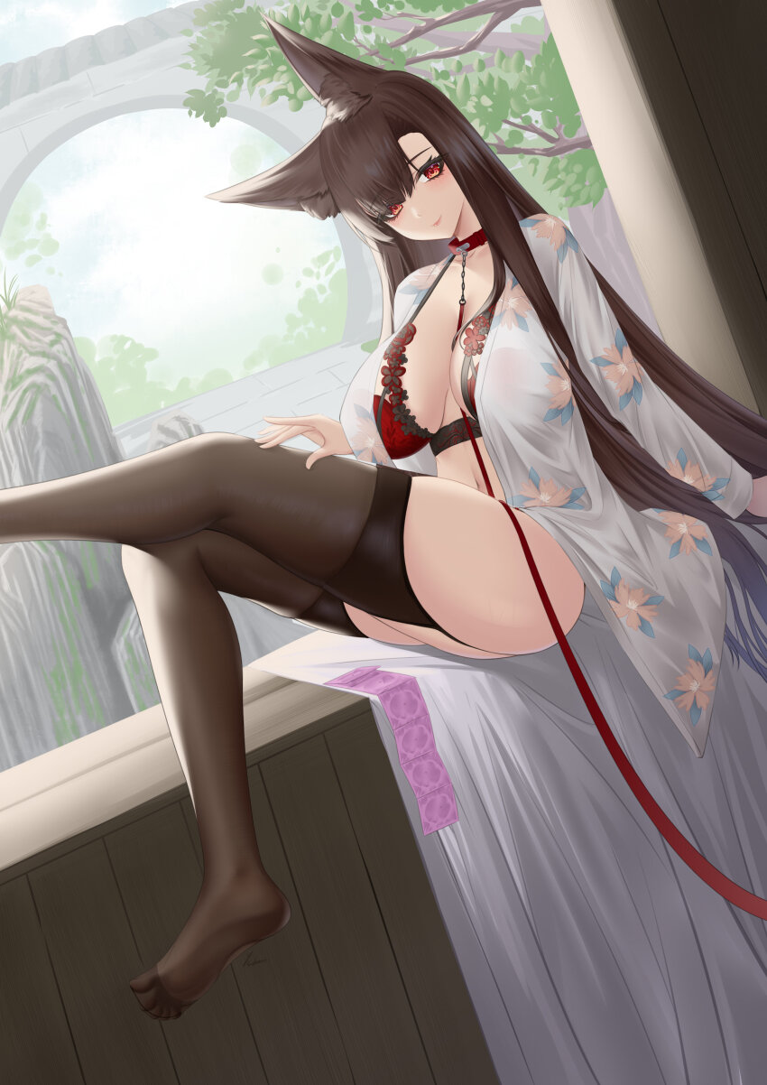 1girl absurdres akagi_(azur_lane) animal_ears azur_lane barefoot bra breasts brown_hair brown_thighhighs choker collarbone condom condom_wrapper foot_out_of_frame fox_girl high_heels highres ichikushi_mojibake lace lace-trimmed_bra lace_trim large_breasts leash long_hair red_bra red_choker red_eyes sitting solo thighhighs underwear variant_set very_long_hair viewer_holding_leash window
