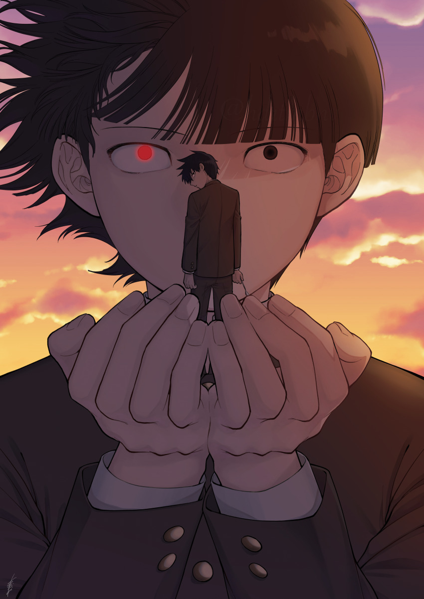 2boys absurdres black_eyes black_hair blunt_bangs brothers buttoned_cuffs buttons closed_mouth floating_hair gakuran glowing glowing_eye heterochromia highres holding kageyama_ritsu kageyama_shigeo long_sleeves looking_at_viewer male_focus mob_psycho_100 multiple_boys pants red_eyes salt_middle_school_uniform school_uniform short_hair siblings user_dhue8322