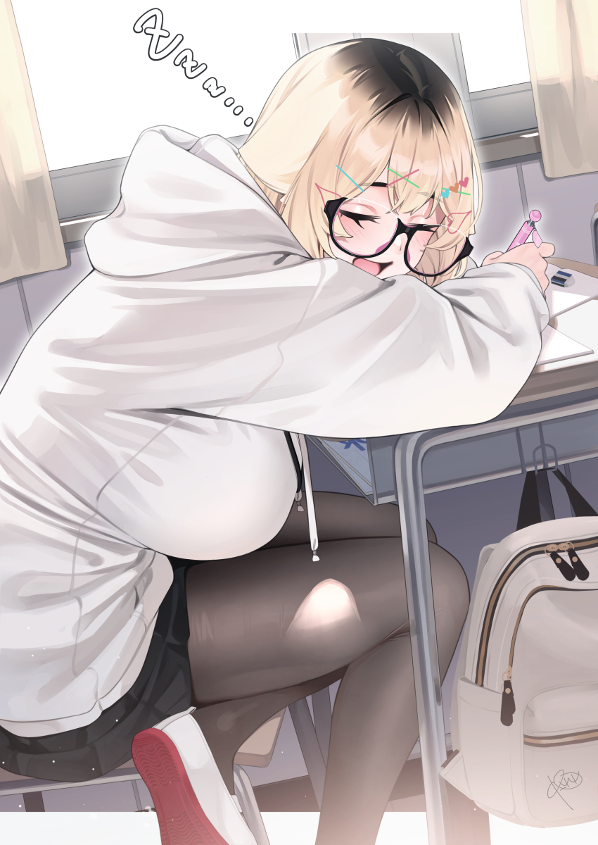 1girl absurdres black_hair black_pantyhose black_skirt blonde_hair breasts chair classroom closed_eyes desk from_side glasses highres hood hood_down hoodie huge_breasts indoors long_sleeves medium_hair multicolored_hair open_mouth original pantyhose rerrere roots_(hair) school_chair school_desk shoes sitting skirt sleeping solo white_hoodie white_shoes zzz