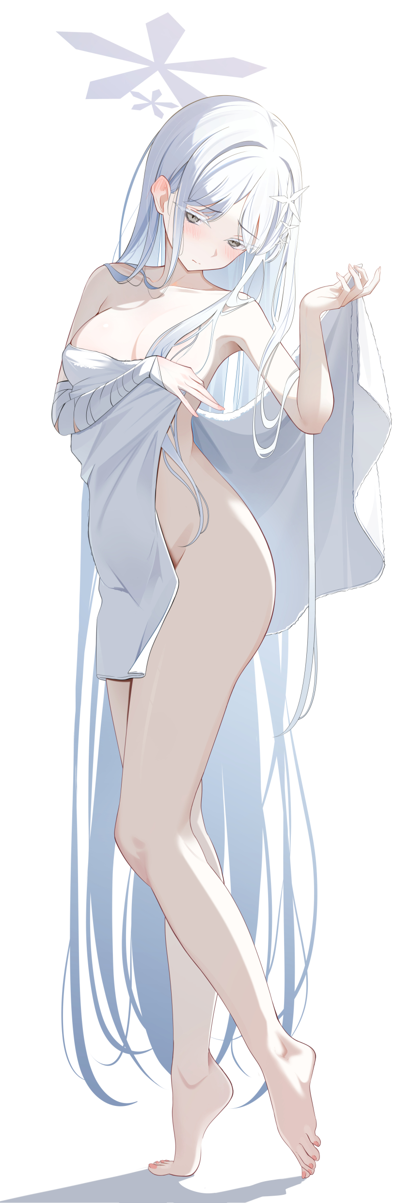 1girl absurdres armpits bandaged_arm bandages blue_archive blush breasts cleavage covering_privates ear_blush fingernails full_body grey_hair groin halo head_tilt highres holding holding_towel long_hair looking_at_viewer medium_breasts nagusa_(blue_archive) nude_cover sikimosh solo straight_hair tiptoes toes towel very_long_hair white_background