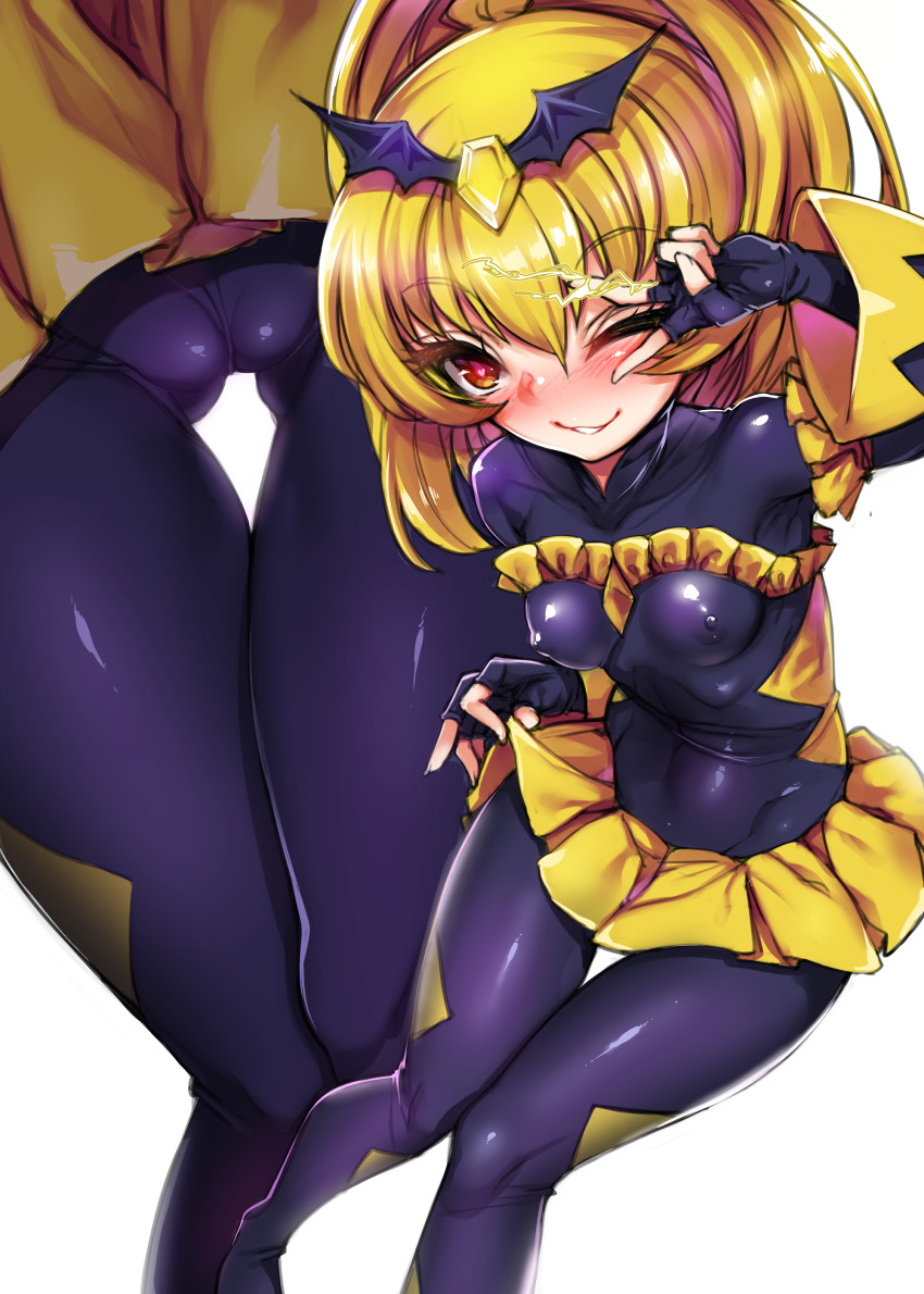 1girl absurdres bad_end_peace bad_end_precure black_bodysuit black_gloves black_wings blonde_hair blush bodysuit commentary_request covered_erect_nipples eyelashes fingerless_gloves gloves hair_ornament harigane_shinshi highres long_hair magical_girl nipples one_eye_closed precure shiny_clothes simple_background skin_tight skirt smile_precure! solo v white_background wing_hair_ornament wings yellow_skirt
