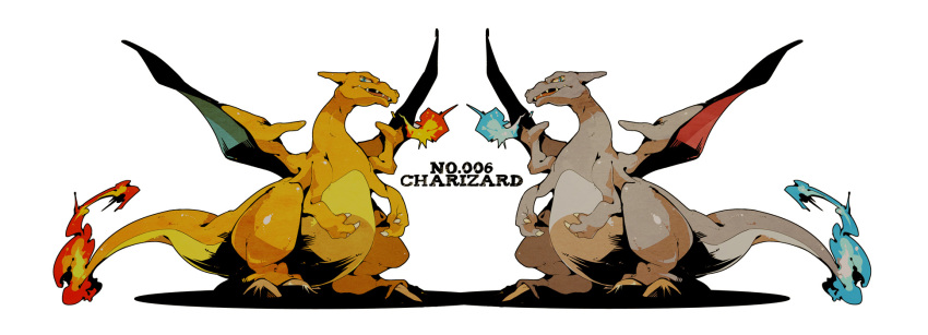 alternate_color blue_eyes character_name charizard claws fire flame-tipped_tail full_body gen_1_pokemon highres nintendo no_humans pokedex_number pokemon pokemon_(creature) sharp_teeth shiny_and_normal shiny_pokemon simple_background solo symmetry tail teeth tetori white_background