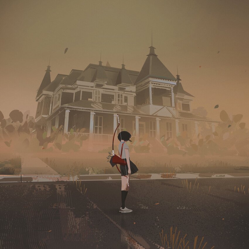 1girl arrow_(projectile) bare_arms black_hair black_skirt black_socks blunt_ends bob_cut bow_(weapon) cloud cloudy_sky commentary english_commentary floating_clothes fog from_behind full_body grass grey_shirt grey_shoes highres kneehighs leaf mansion miniskirt original outdoors pleated_skirt road shirt shoes short_hair short_sleeves skirt sky sneakers socks solo storm street t-shirt weapon weapon_on_back wind yun_ling