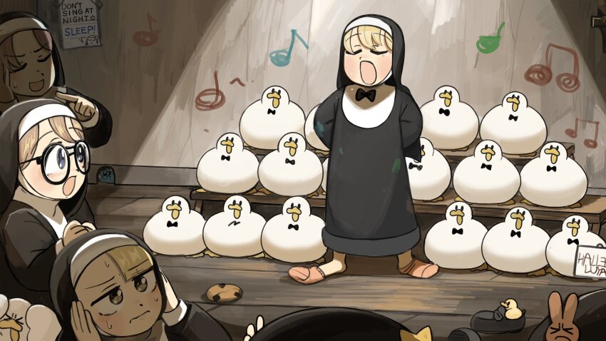 6+girls :o aged_down beamed_eighth_notes bird black_footwear blonde_hair blue_eyes brown_hair bunny_nun_(diva) chicken chocolate_chip_cookie closed_eyes clumsy_nun_(diva) commentary cookie covering_own_ears diva_(hyxpk) duck eighth_note english_commentary food glasses glasses_nun_(diva) habit highres hungry_nun_(diva) little_nuns_(diva) multiple_girls music musical_note nun pink_socks quarter_note rabbit_ornament revision round_eyewear singing socks spicy_nun_(diva) star_nun_(diva) star_ornament traditional_nun unworn_footwear yellow_eyes