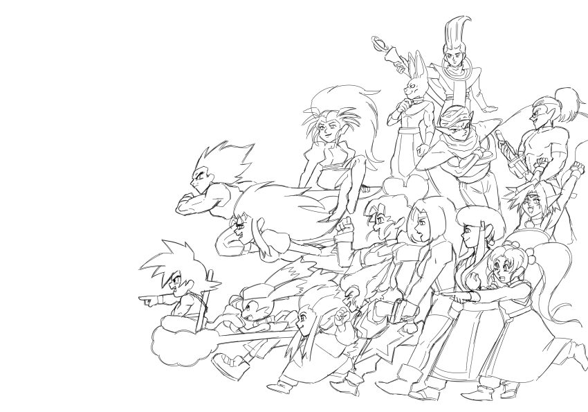 absurdres aisha_clanclan beerus copyright_request crossover dragonball_z fuu_(samurai_champloo) greyscale hakubi_washuu highres kaze_no_klonoa klonoa kuramitsu_mihoshi makibi_kiyone masaki_aeka_jurai masaki_sasami_jurai monochrome multiple_crossover outlaw_star piccolo ruyi_jingu_bang ryou-ouki ryou-ouki_(human) ryouko_(tenchi_muyou!) samurai_champloo son_goku tenchi_muyou! vegeta whis white_background yuzuha_(tenchi_muyou!)