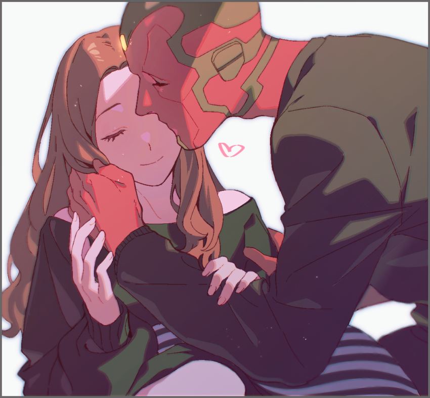 1boy 1girl bare_shoulders black_pants black_sweater brown_hair closed_eyes closed_mouth colored_skin couple fingernails green_skin hand_up hands_up heart hetero kiss kissing_cheek long_hair long_sleeves marvel marvel_cinematic_universe multicolored_skin off-shoulder_sweater off_shoulder pants puffy_long_sleeves puffy_sleeves qin_(7833198) red_skin simple_background sitting smile sweater vision_(marvel) wanda_maximoff wandavision white_background