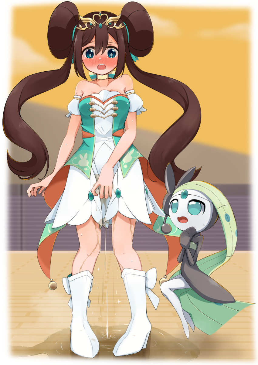 2girls absurdres arm_at_side bare_shoulders between_legs blue_eyes blue_gemstone blurry blurry_background blush boots border bow bow_choker breasts brown_hair choker collarbone colored_skin donut_hair_bun double_bun earpiece embarrassed female_focus floating footwear_bow forehead_jewel full_body gem gen_5_pokemon gold green_eyes green_gemstone green_ribbon hair_between_eyes hair_bun hair_ribbon hand_between_legs hands_up have_to_pee high_heels highres knee_boots legendary_pokemon legs_together long_hair looking_at_another looking_down medium_breasts meloetta meloetta_(aria) mizuumi_(expanse_lake) multiple_girls mythical_pokemon nintendo nose_blush off-shoulder_shirt off_shoulder open_mouth orange_sky outdoors own_hands_together pee peeing peeing_self pigeon-toed pokemon pokemon_(creature) pokemon_masters_ex puddle puffy_short_sleeves puffy_sleeves raised_eyebrows ribbon rosa_(champion)_(pokemon) rosa_(pokemon) saliva shirt short_sleeves sidelocks skirt sky sparkle standing steam straight-on sunset tears teeth twintails very_long_hair wet wet_clothes wet_skirt white_border white_bow white_footwear white_shirt white_skin white_skirt wide-eyed yellow_choker yellow_tiara
