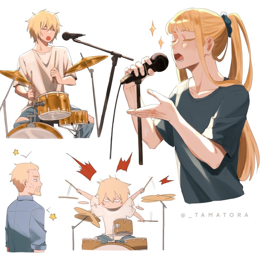 3boys alternate_costume androgynous askeladd beard blonde_hair blue_eyes canute collarbone contemporary drum empty_eyes eyelashes facial_hair goatee highres holding instrument long_hair male_focus microphone microphone_cord microphone_stand motion_lines multiple_boys multiple_views music open_mouth ponytail shirt sidelocks singing sitting sparkle sweat sweatdrop tamatora teeth thorfinn twitter_username upper_teeth_only vinland_saga
