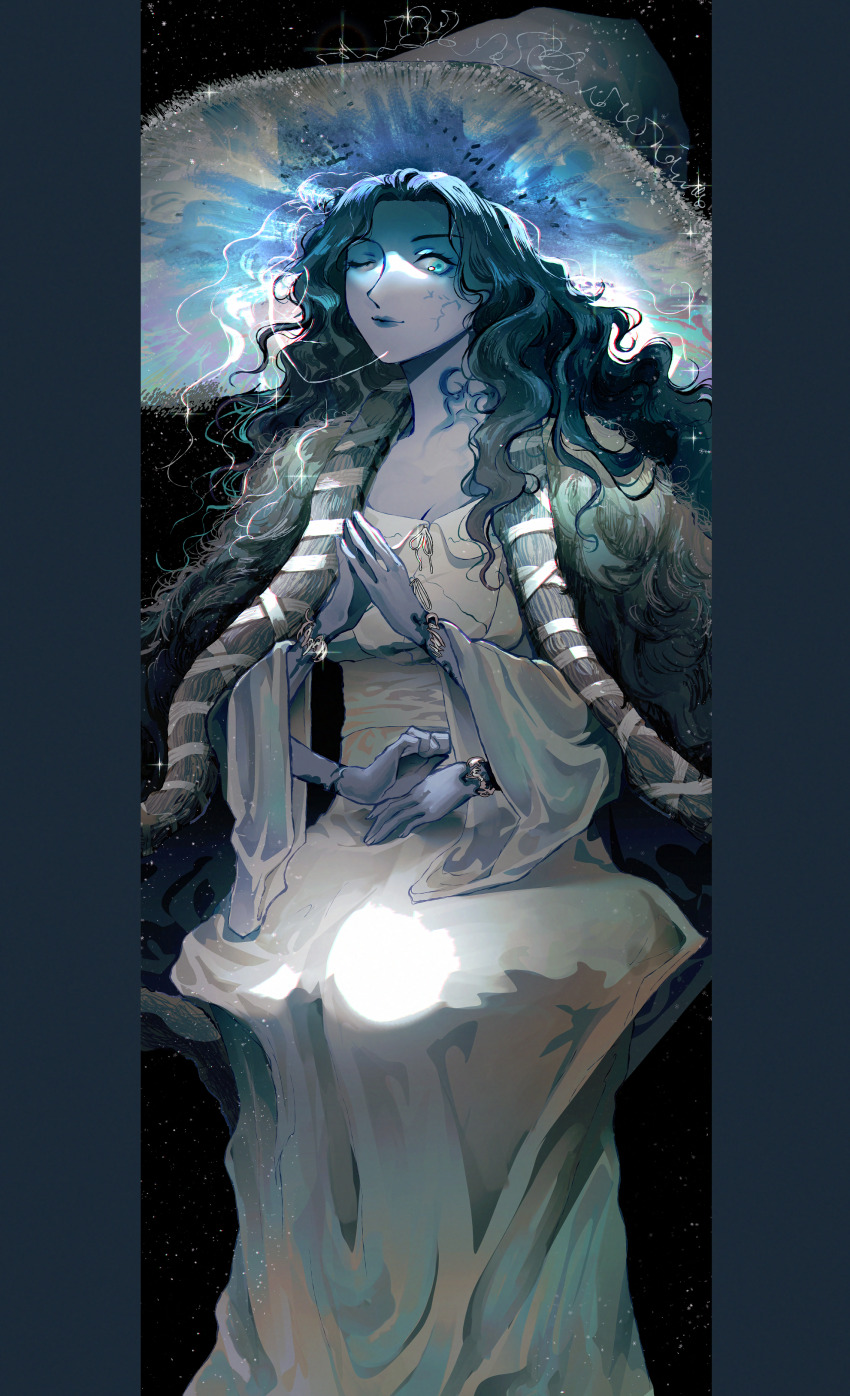 absurdres artkurera blue_hair blue_skin cape cloak colored_skin cracked_skin dark_background doll_joints elden_ring extra_arms extra_faces fur_cape fur_cloak hat highres joints large_hat own_hands_together ranni_the_witch sitting smile witch witch_hat
