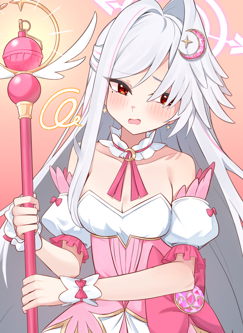 1girl absurdres amaton707 bare_shoulders blue_archive blush breasts crescent crescent_hair_ornament detached_sleeves dress embarrassed explosive grenade hair_ornament halo head_wings highres holding holding_wand long_hair looking_to_the_side magical_girl official_alternate_costume open_mouth pink_background pink_dress puffy_detached_sleeves puffy_sleeves purple_halo red_eyes sideways_glance simple_background single_head_wing single_wing small_breasts solo suzumi_(blue_archive) suzumi_(magical)_(blue_archive) very_long_hair wand white_hair white_wings wing_ornament wings wrist_cuffs