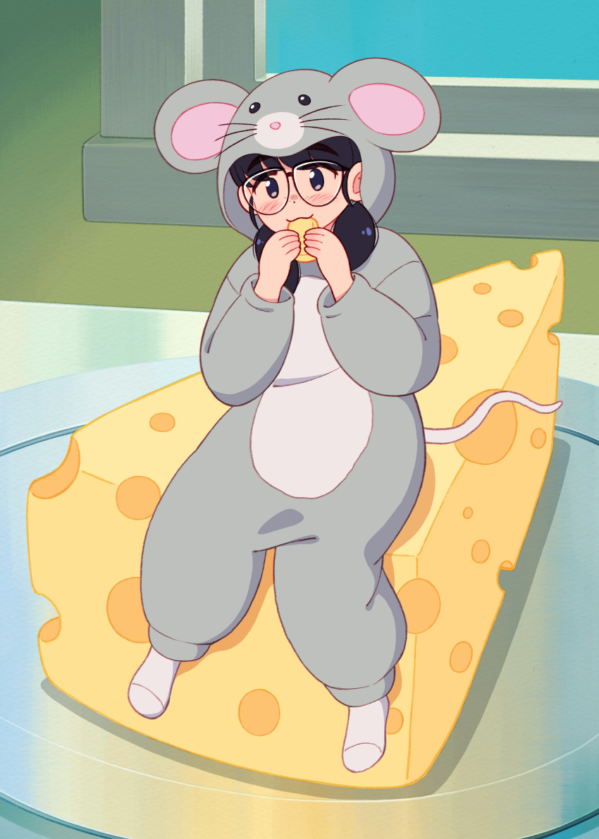 1girl absurdres animal_costume animal_hood aragon_honnin black_hair blush cheese chinese_zodiac commentary_request eating female_focus food freckles glasses highres holding holding_food hood long_hair mini_person minigirl mouse_(animal) mouse_costume mouse_hood mouse_tail onesie original plate sitting socks solo swiss_cheese tail window year_of_the_rat