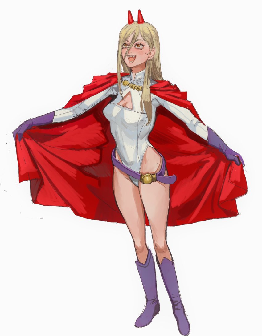1girl absurdres belt blonde_hair blue_boots boots breasts cape chainsaw_man cleavage_cutout clothing_cutout cosplay dc_comics full_body gloves highleg highleg_leotard highres holding holding_unworn_cape holding_unworn_clothes horns leotard long_hair medium_breasts mossacannibalis name_connection open_mouth power_(chainsaw_man) power_girl power_girl_(cosplay) red_cape red_horns sharp_teeth sleeved_leotard smile solo standing superhero_costume teeth unworn_cape utility_belt