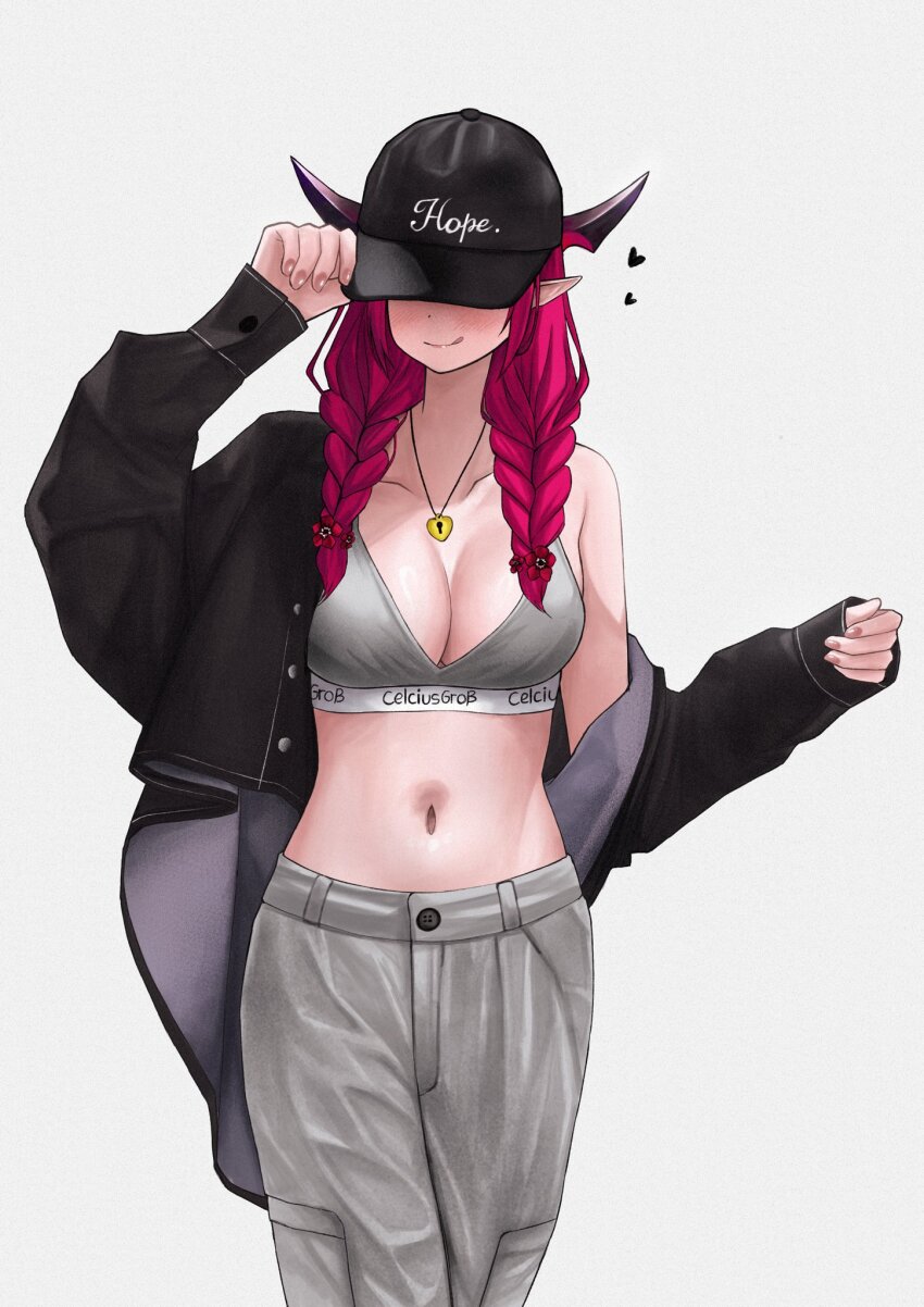 1girl baseball_cap black_hat black_horns black_jacket blush braid breasts cleavage closed_mouth collarbone commentary covered_eyes fingernails flower grey_pants grey_sports_bra hair_flower hair_ornament hat heart heart-shaped_lock heart_collar highres hololive hololive_english horns irys_(hololive) jacket jewelry large_breasts long_hair long_sleeves navel necklace open_clothes open_jacket pants pink_flower pink_hair pink_horns simple_background single_bare_shoulder sleeves_past_wrists smile solo sports_bra stomach tongue tongue_out twin_braids unmeidesu virtual_youtuber