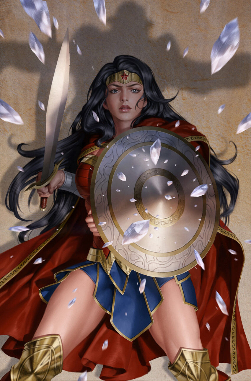 1girl black_hair blue_skirt boots broken_glass cape circlet dc_comics glass grey_eyes highres holding holding_shield holding_sword holding_weapon long_hair looking_at_viewer red_cape shield skirt solo sword weapon wonder_woman wonder_woman_(series) yoon_junggeun