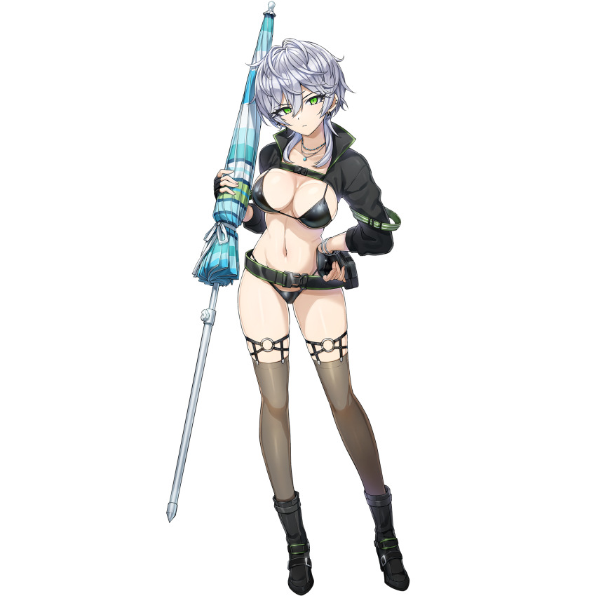 1girl :| ankle_boots belt bikini black_belt black_bikini black_gloves black_shrug boots breasts cleavage closed_mouth dolphin_wave fingerless_gloves game_cg gloves green_eyes grey_hair highres holding holding_umbrella jewelry looking_at_viewer medium_breasts necklace non-web_source o-ring o-ring_thigh_strap official_art ootomo_takuji sarah_anthony short_hair shrug_(clothing) solo swimsuit thigh_strap thighhighs transparent_background umbrella