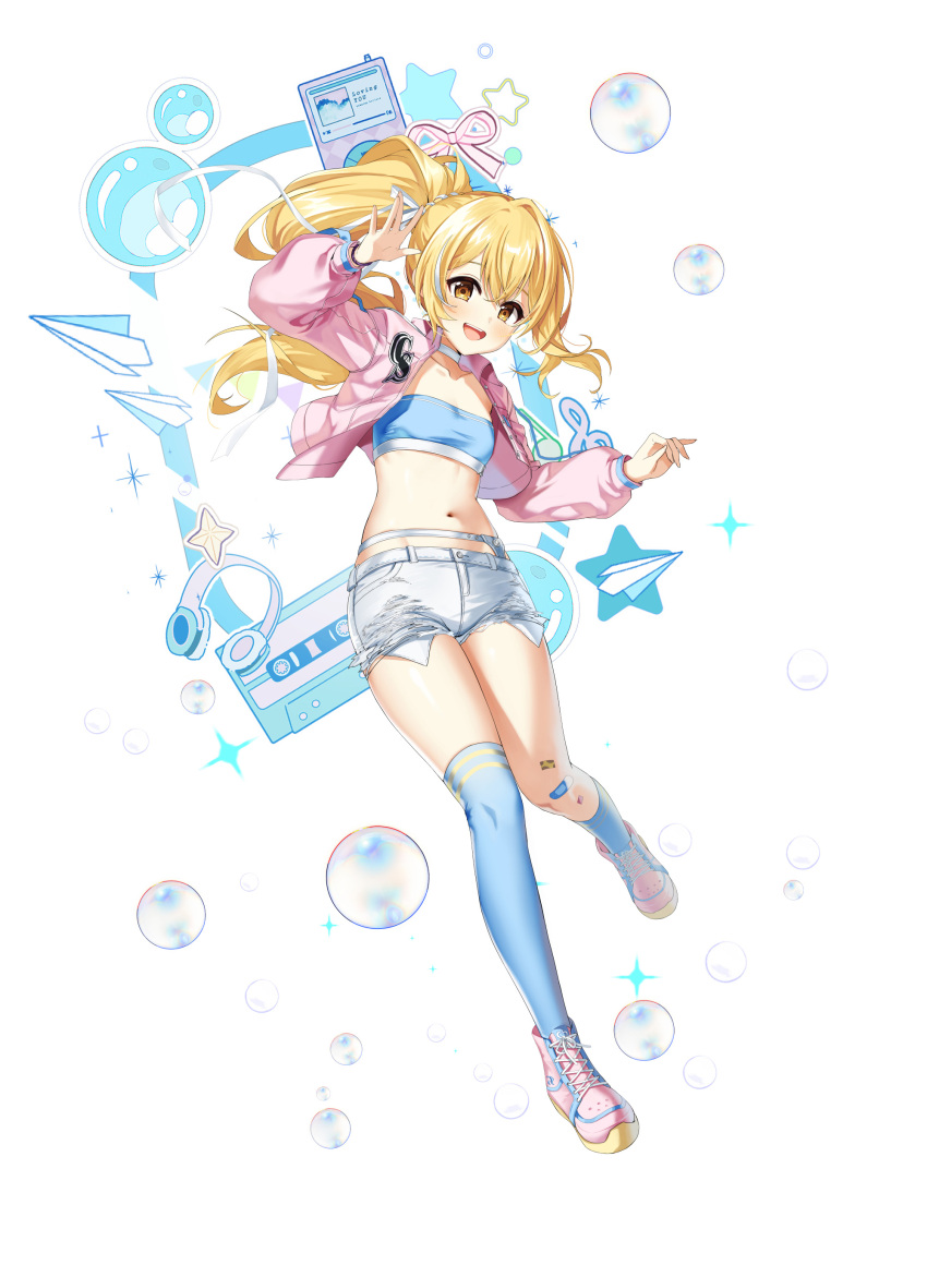 1girl absurdres arm_up asymmetrical_legwear bandeau blonde_hair blue_bandeau blue_socks blue_thighhighs breasts choker closers collarbone exposed_pocket full_body hair_ribbon highres jacket kneehighs long_hair long_sleeves looking_at_viewer lucy_(closers) midriff navel official_art open_clothes open_jacket open_mouth pink_jacket pink_shoes ponytail ribbon shoes short_shorts shorts single_kneehigh single_sock single_thighhigh small_breasts smile socks solo stomach strapless thighhighs thighs torn_clothes torn_shorts tube_top white_choker white_shorts yellow_eyes