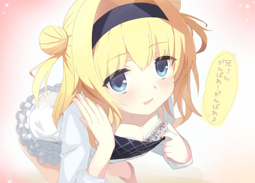 1girl black_hairband blonde_hair blue_eyes blush bra breasts chitose_sana cleavage collarbone commentary doruzou18 double_bun downblouse eyes_visible_through_hair feet_out_of_frame fingernails foreshortening frilled_skirt frills gradient_background hair_between_eyes hair_bun hairband hands_up heart leaning_forward long_hair long_sleeves looking_at_viewer musical_note open_mouth pink_background shirt shirt_tug simple_background skirt small_breasts smile solo speech_bubble standing tenshinranman translated two_side_up underwear white_background white_bra white_shirt white_skirt