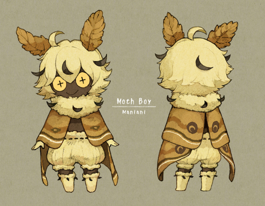 1boy ahoge arthropod_boy artist_name blonde_hair boots brown_cape brown_wings cape closed_mouth cross-shaped_pupils dark-skinned_male dark_skin english_text from_behind full_body fur_boots fur_collar insect_wings knee_boots looking_at_viewer male_focus maniani moth_antennae moth_boy moth_wings multicolored_hair multiple_views original revision short_hair shorts simple_background smile standing straight-on streaked_hair symbol-shaped_pupils very_dark_skin wings yellow_boots yellow_eyes yellow_shorts