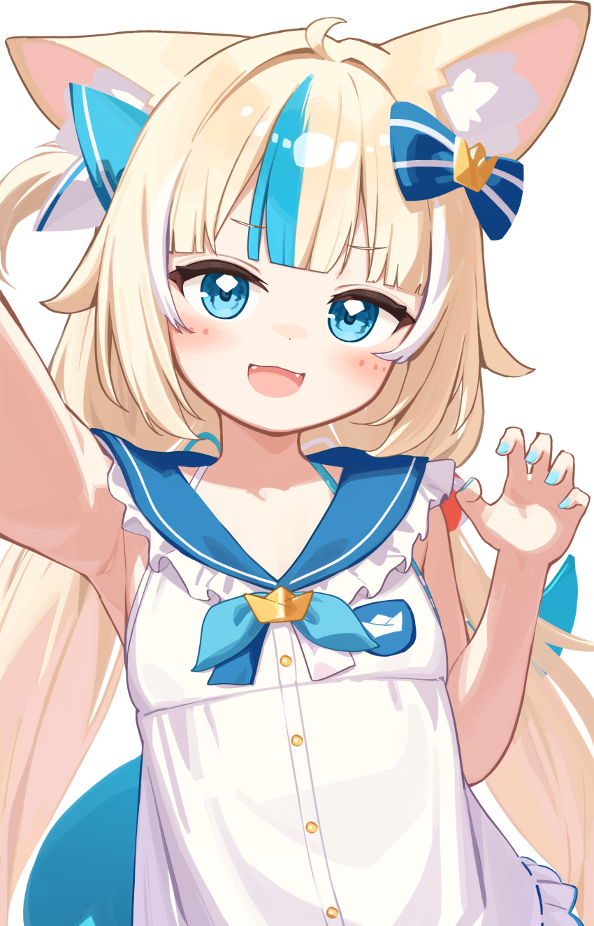 1girl absurdres animal_ears armpits blonde_hair blue_hair blue_sailor_collar bow cat_ears commentary dress ear_bow fins fish_girl fish_tail highres indie_virtual_youtuber looking_at_viewer multicolored_hair open_mouth sailor_collar sameko_saba selfie shirt simple_background sleeveless sleeveless_dress solo streaked_hair tail verdey virtual_youtuber white_background white_dress white_hair