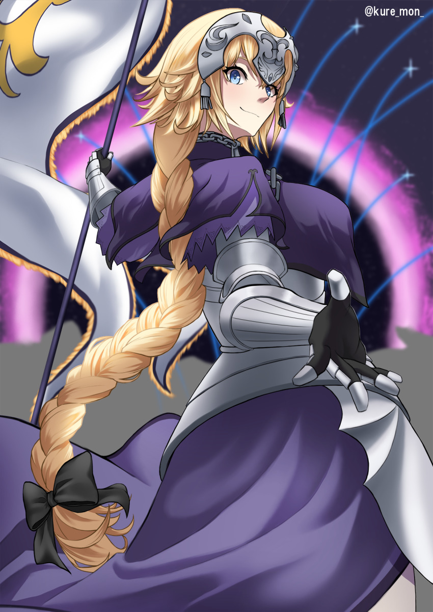1girl armor black_bow blonde_hair blue_eyes bow braid breasts chain closed_mouth dress fate/grand_order fate_(series) faulds flag from_behind gauntlets hair_bow headpiece highres holding holding_flag jeanne_d&#039;arc_(fate) jeanne_d&#039;arc_(ruler)_(fate) kuremon long_braid long_hair looking_back plackart reaching reaching_towards_viewer single_braid solo twitter_username