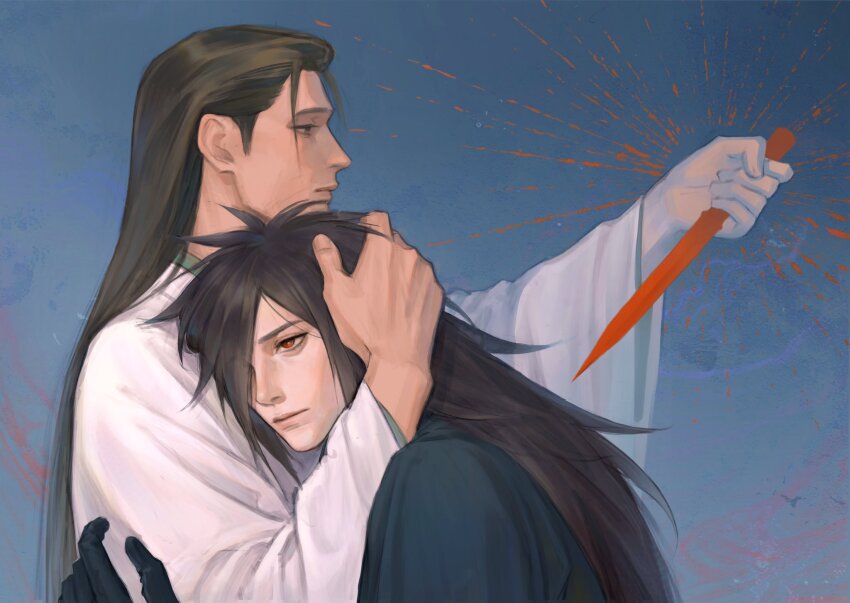 2boys aged_down black_hair couple dagger gloves highres holding holding_dagger holding_knife holding_weapon hug imminent_death knife lips long_hair male_focus mature_male mdun1028 multiple_boys naruto_(series) naruto_shippuuden sad senju_tobirama uchiha_madara upper_body very_long_hair weapon yaoi