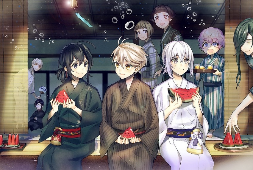 1other 6+boys :d ;q ahoge akita_toushirou black_hair blue_eyes bob_cut brown_eyes brown_hair eating food fruit glass green_hair hand_fan hirano_toushirou honebami_toushirou houhou_(black_lack) japanese_clothes katsugeki/touken_ranbu kimono maeda_toushirou multiple_boys namazuo_toushirou nikkari_aoe nose_bubble one_eye_closed open_mouth paper_fan pink_hair ponytail purple_eyes saniwa_(katsugeki/touken_ranbu) sitting sleeping smile tongue tongue_out touken_ranbu tray tsurumaru_kuninaga uchiwa watermelon white_hair wind_chime yagen_toushirou yellow_eyes yukata